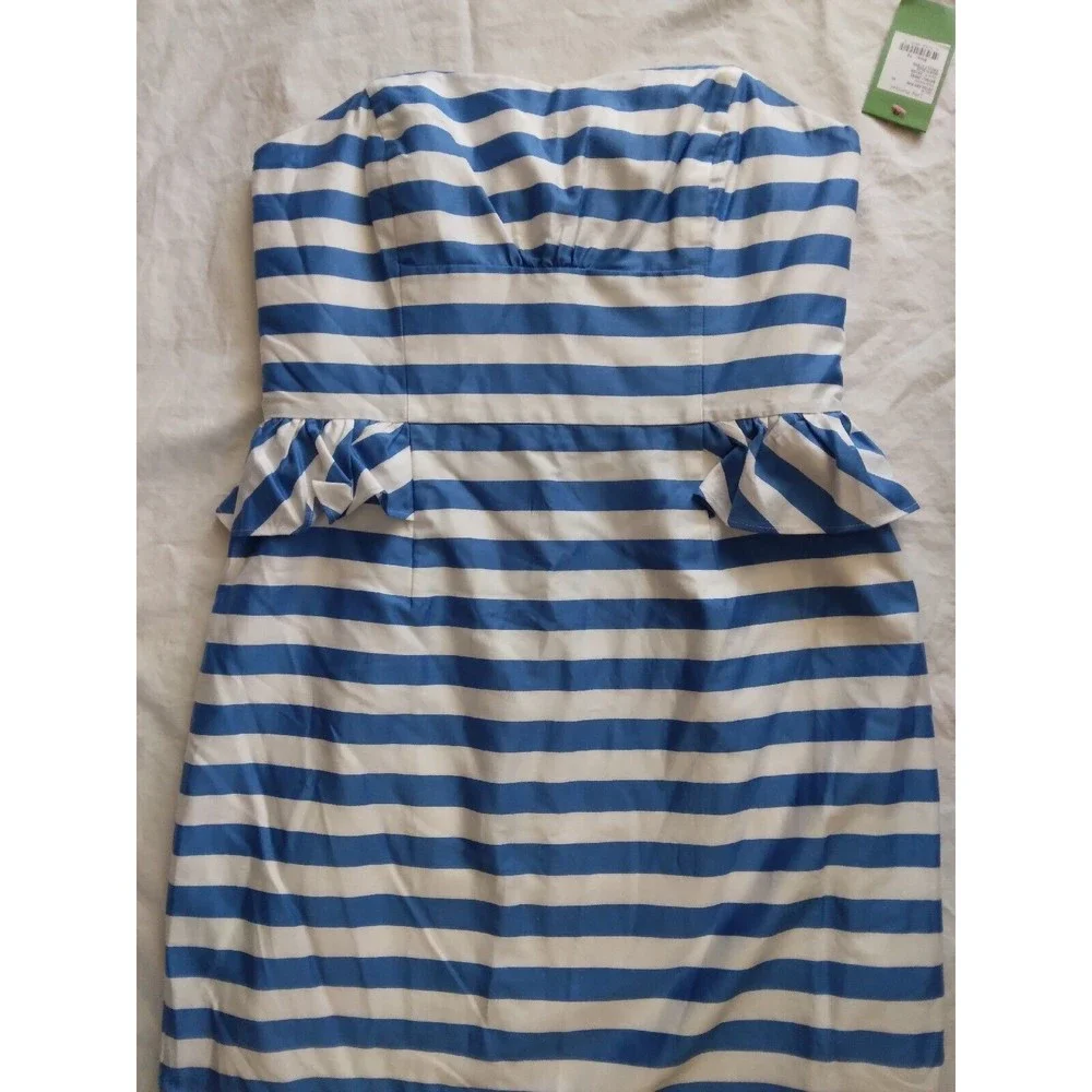 Lilly Pulitzer Maybell Dress Blue Swizzle Stripe Strapless Peplum Womens Size 10 - Picture 4 of 13